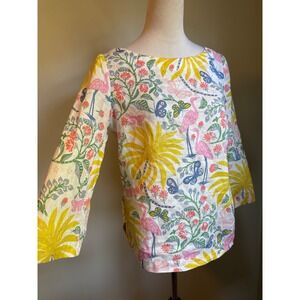 Boden Flamingo Tropical Linen Pink Yellow US 4 UK 8 dainty whimsi beach boho blu